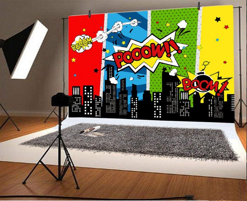 Yeele 7x5ft Cartoon Comic City Super Hero Photography Backdrop Vinyl Humor Abstract Superhero Baby Shower Photo Background For Girl Kid Birthday Party Photo Video Shoot Studio Prop Wallpaper - Image 2